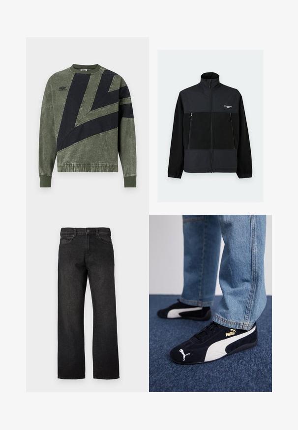 Veste polaire noire zippée avec col montant, deux poches avant zippées, poignets élastiques et logo blanc "Carhartt WIP" sur la poitrine.; Sweatshirt à manches longues, en vert et noir avec un bloc de couleurs, doté de poignets et d'un col en côte, avec le logo Umbro sur la poitrine gauche.; Jean en denim noir à coupe droite, avec fermeture par boutons, passants pour ceinture et cinq poches. Le tissu présente une finition lisse avec une légère texture.; Baskets en daim noir avec accents blancs, arborant un logo doré. Portées avec un jean en denim bleu clair et posées sur une surface bleue texturée.