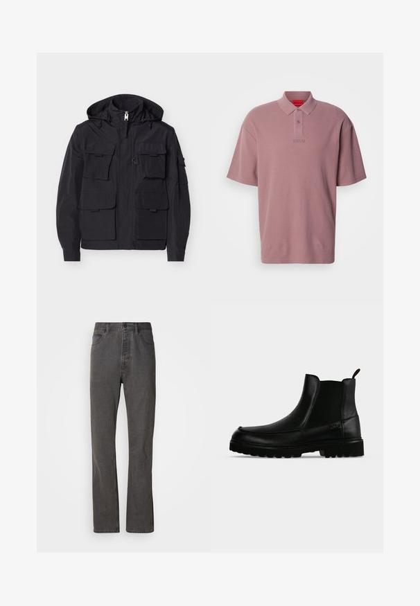 Veste noire à capuche avec fermeture éclair frontale et six poches à rabat, dotée de cordons ajustables sur la capuche et de manches longues avec fermetures aux poignets.; Polo à manches courtes rose pâle en tissu texturé. Comprend un col, deux boutons et un logo discret de la même couleur.; Jeans en denim gris avec une coupe droite, dotés de poches avant, d'une fermeture à bouton et d'une texture subtile.; Bottine noire en cuir avec semelle texturée, panneaux latéraux élastiques et languette de tirage sur fond gris clair.