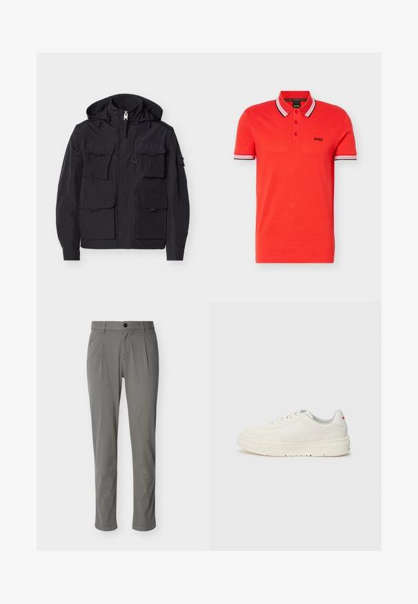 Sort hættejakke med forlynlås og seks klaplommer, med justerbare snore på hætten og lange ærmer med manchetlukninger.; Rød poloshirt med korte ærmer, hvid og sortstribet krave og manchetter, tre knapper og "BOSS"-logo på venstre bryst.; Grå bukser med slim fit, der har knaplukning, plissé detaljer foran, glat tekstur og smalle ben.; Hvide sneakers med en glat læderoverdel, rund tå, flade snørebånd og en struktureret gummisål. Der er en rød detalje på hælen.