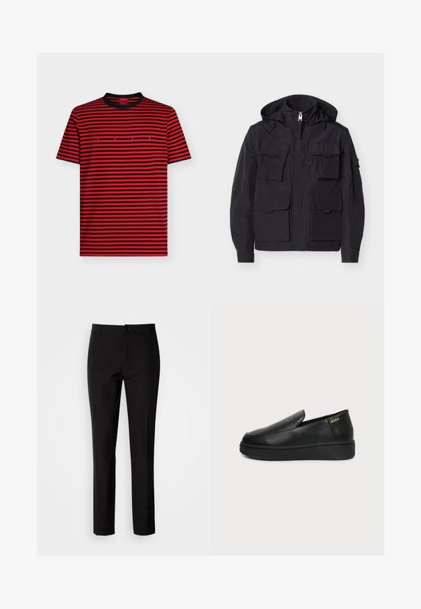 Veste noire à capuche avec fermeture éclair frontale et six poches à rabat, dotée de cordons ajustables sur la capuche et de manches longues avec fermetures aux poignets.; T-shirt à manches courtes rayé horizontal rouge et noir avec col noir et petit lettrage rouge "HUGO" centré sur la poitrine.; Pantalon noir en tissu lisse, avec coupe droite, fermeture à boutons sur le devant et poches latérales discrètes. Look simple et ajusté.; Chaussure noire en cuir à enfiler avec semelle épaisse et petits trous de ventilation latéraux, avec un logo doré "HUGO" près du talon.