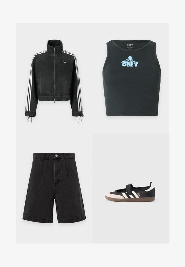 Zwarte spijkerjacket met hoge kraag, witte drie-strepen accenten op de mouwen, ritssluiting en verstelbare trekkoorden bij de manchetten.; Zwarte geribbelde katoenen cropped tanktop met een lichtblauw grafisch logo in het midden van de borst. Mouwloos ontwerp met een ronde hals.; Zwarte denim shorts met een hoge taille, geplooide voorkant en omgeslagen zoom. Voorzien van een metalen knoop en rits sluiting. Egaal textuur.; Zwart-beige sneaker met een klittenbandsluiting, drie witte strepen aan de zijkant en een getextureerde bruine rubberen zool. Merkembleem zichtbaar.