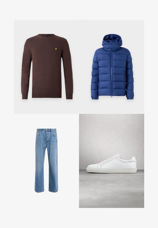 Blå pufferjakke med lynlås foran og høj krave. Har kanal quiltet tekstur, trykknaplukning ved halsen og lommer. Letvægtigt materiale.; Brun sweater lavet af blødt strikstof med rund halsudskæring og lange ærmer. Broderet gul fugl som pynt på brystet.; Lyseblå denim jeans med lige ben-design, fem lommer, knaplukning, minimal falming og kontraststingdetaljer.; Hvide sneakers med en glat læderoverdel og lav profil. Har en rund tå, seks snørehuller og en tekstureret gummisål.