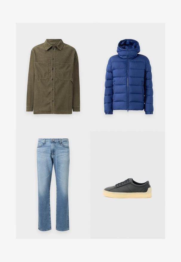 Blauwe pufferjack met een rits aan de voorkant en een hoge kraag. Kenmerken zijn het kanaalgequilt textuur, drukknoopsluiting bij de hals en zakken. Lichtgewicht materiaal.; Olijfgroene corduroy shirt-jack met een puntige kraag, een voorste knoopsluiting en twee borstzakken met klep.; Lichtblauwe denim jeans met een recht gesneden design. Kenmerken zijn een sluiting met een frontknop en een vijf-pocket stijl met een lichte vervaging.; Zwarte leren lage sneaker met ronde neus, zwarte veters en dikke off-white rubberen zool, zijaanzicht op lichtgrijze achtergrond.