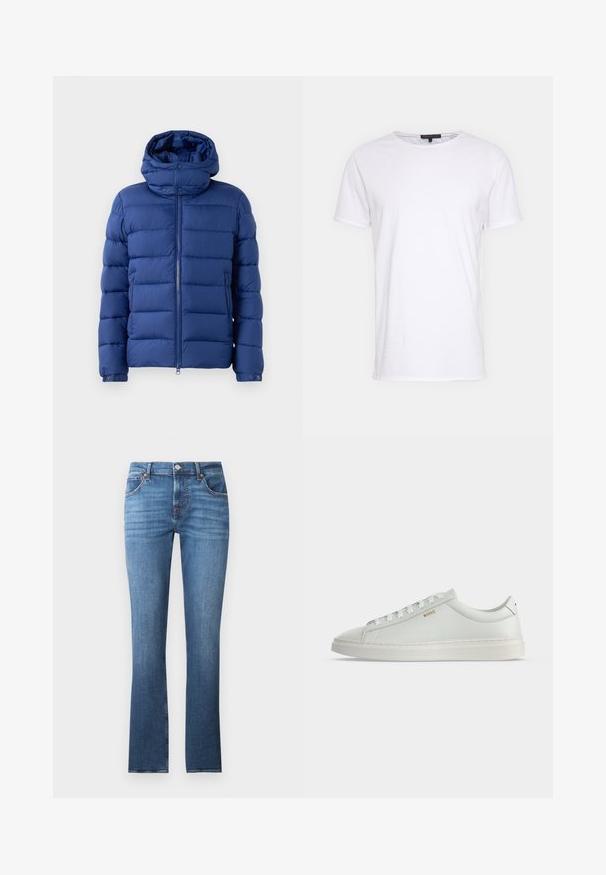 Blauwe pufferjack met een rits aan de voorkant en een hoge kraag. Kenmerken zijn het kanaalgequilt textuur, drukknoopsluiting bij de hals en zakken. Lichtgewicht materiaal.; Witte katoenen t-shirt met een ronde halslijn, korte mouwen en een rechte snit. Heeft een eenvoudige, gladde textuur zonder aanvullende patronen.; Blauwe denim jeans met een recht uiteinde, voorzien van lichte vervaging, vijf zakken en metalen accenten. De tailleband heeft riemlussen.; Witte lage leren sneaker met veters, platte zool en klein gouden "BOSS" logo aan de zijkant, gezien vanaf de buitenkant.