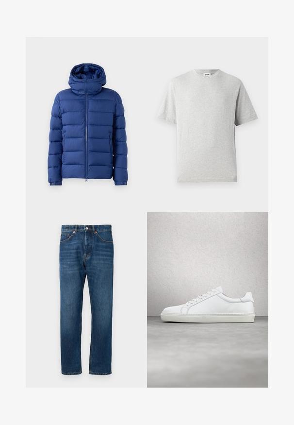 Blauwe pufferjack met een rits aan de voorkant en een hoge kraag. Kenmerken zijn het kanaalgequilt textuur, drukknoopsluiting bij de hals en zakken. Lichtgewicht materiaal.; Grijze korte mouwen t-shirt van zacht materiaal. Heeft een ronde hals, een relaxte pasvorm en geen patronen of logo's. Overal een gladde textuur.; Blauwe denim jeans met een recht gesneden pijp, middelhoge taille en oranje stiksels. Heeft een klassiek vijf-pocket ontwerp en knoopsluiting.; Witte sneaker met een gladlederen bovenwerk en een laag profiel. Voorzien van een ronde neus, zes vetergaatjes en een gestructureerde rubberen zool.