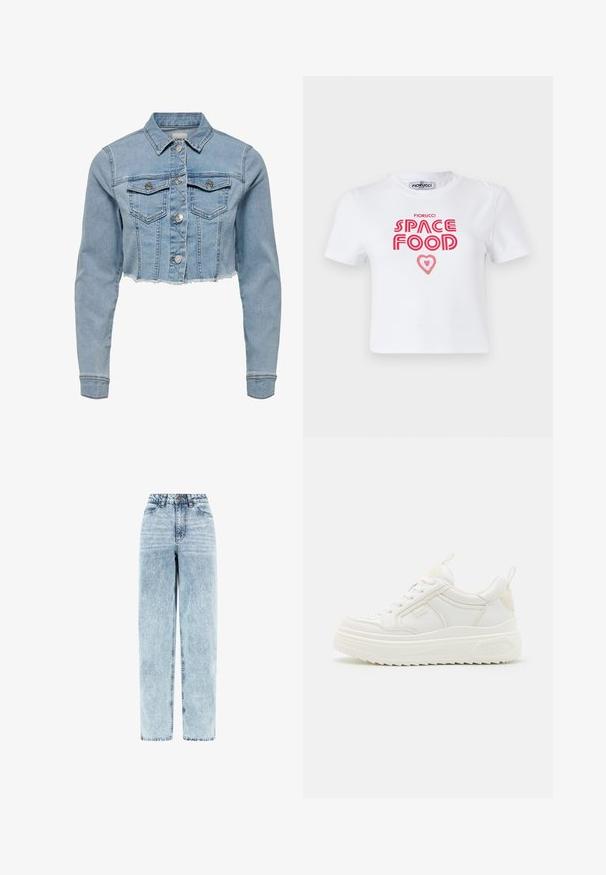 Veste en denim coupée de couleur bleu clair. Présente un col classique, une fermeture à bouton, deux poches poitrine et un ourlet effiloché. Fabriquée en coton doux.; T-shirt en coton blanc avec un texte graphique rouge qui dit "NOURRITURE SPATIALE" avec un accent en forme de cœur, manches courtes et col rond.; Jean taille haute en denim bleu clair délavé, coupe droite, bouton et fermeture éclair à l’avant, poches avant.; Baskets en cuir blanc avec une semelle épaisse, design à lacets et branding subtil. Présentent une texture lisse et un bout arrondi.