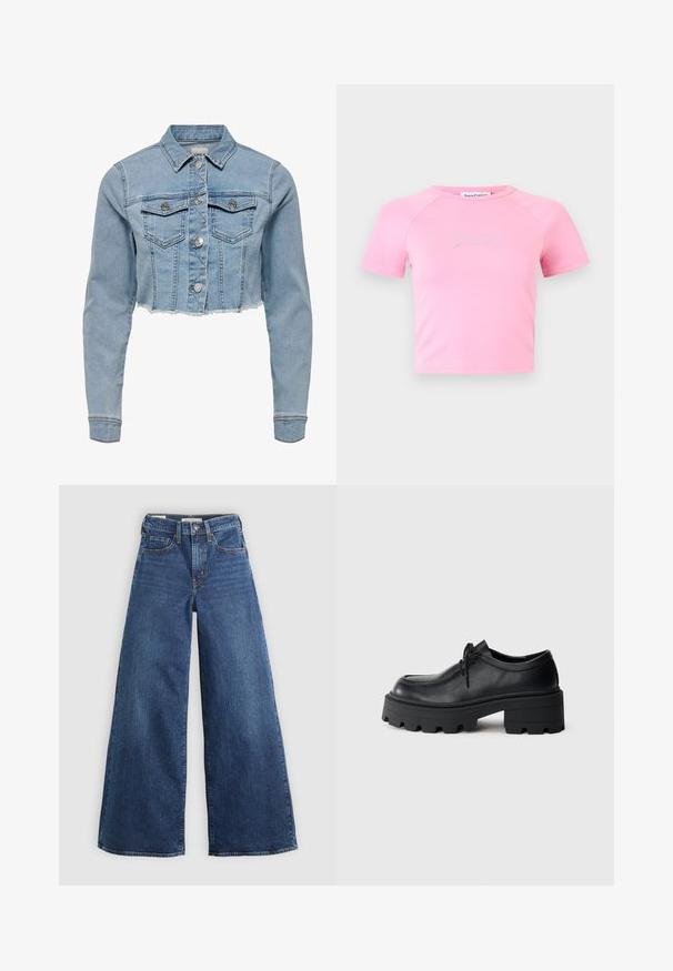 Unverkürzt geschnittene Jeansjacke in Hellblau. Sie verfügt über einen klassischen Kragen, eine durchgeknöpfte Vorderseite, zwei Brusttaschen und einen ausgefransten Saum. Hergestellt aus weicher Baumwolle.; Hellrosa kurzärmeliges Crop-Top mit rundem Ausschnitt und funkelndem Schriftzug "Juicy" zentriert auf der Brust.; Weite blaue Jeans aus Denim mit fünf Taschen, einem Knopfverschluss und Kontrastnähten, die eine weiche und strukturierte Oberfläche aufweisen.; Schwarze Leder Schnürschuhe mit einer dicken, strukturierten schwarzen Gummisohle und einer runden Spitze. Verfügt über dezente Stickdetails.