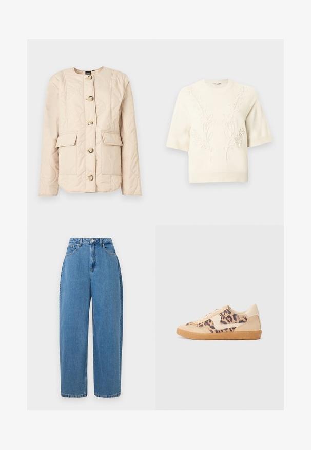 Chaqueta acolchada beige con cuello redondo, mangas largas, cinco botones grandes y dos bolsillos frontales con solapas.; Suéter de punto crema de manga corta con dobladillos acanalados y sutil bordado floral elevado en el frente y los hombros.; Pantalones de mezclilla de color azul claro con un ajuste de pierna recta, cintura alta y cierre frontal con botón. Cuenta con cinco bolsillos y detalles de costura mínimos.; Zapatillas de leopardo con parte superior de ante beige, suela de goma marrón y acentos blancos. Punta redonda y diseño con cordones con un acabado texturado.