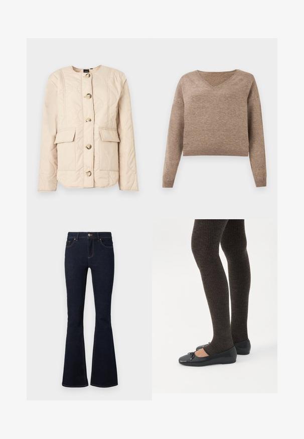 Veste matelassée beige avec un col rond, des manches longues, cinq gros boutons et deux poches avant avec rabats.; Pull en maille beige clair avec décolleté en V, manches longues et ourlet côtelé. Texture douce avec un design légèrement court et sans motifs visibles.; Jean évasé bleu marine en denim, avec une taille ajustée, un design classique à cinq poches et des coutures contrastantes le long des coutures.; Jambes portant des leggings côtelés foncés associés à des ballerines noires avec de petits détails en nœud sur fond blanc.