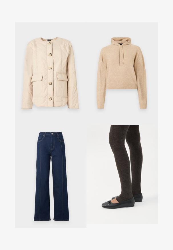 Beige quiltet jakke med rund halsudskæring, lange ærmer, fem store knapper og to forlommer med klaplukning.; Beige cropped striktrøje med lange ærmer og snorhætte, præsenteret på en hvid baggrund.; Mørkeblåt denim brede ben jeans med fremtrædende syninger, høj talje og fem lommer. Har en front lukning med knap og lynlås.; Ben iført mørke ribbede leggings kombineret med sorte balletsko med små sløjfedetaljer på hvid baggrund.
