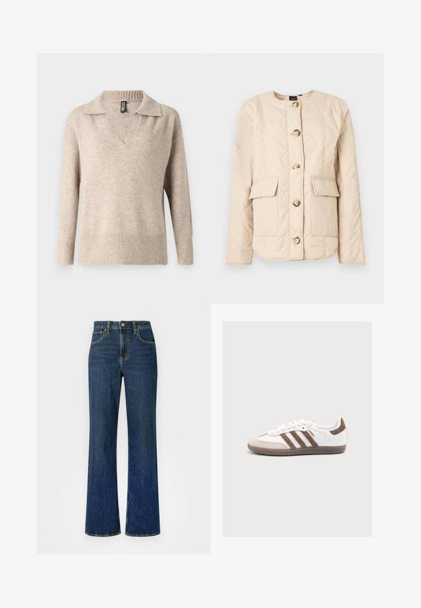 Veste matelassée beige avec un col rond, des manches longues, cinq gros boutons et deux poches avant avec rabats.; Pull en maille beige avec un col en V et un col côtelé. Il présente des manches longues et un ourlet côtelé, fabriqué à partir d'un matériau doux et texturé.; Jean en denim bleu foncé légèrement délavé, taille haute, coupe large, avec un design classique à cinq poches. Points de surpiqûre jaunes partout.; Baskets blanches Adidas Samba avec des bandes en daim marron, un patch marron au talon, un bout beige et une semelle en caoutchouc translucide, vues de côté.