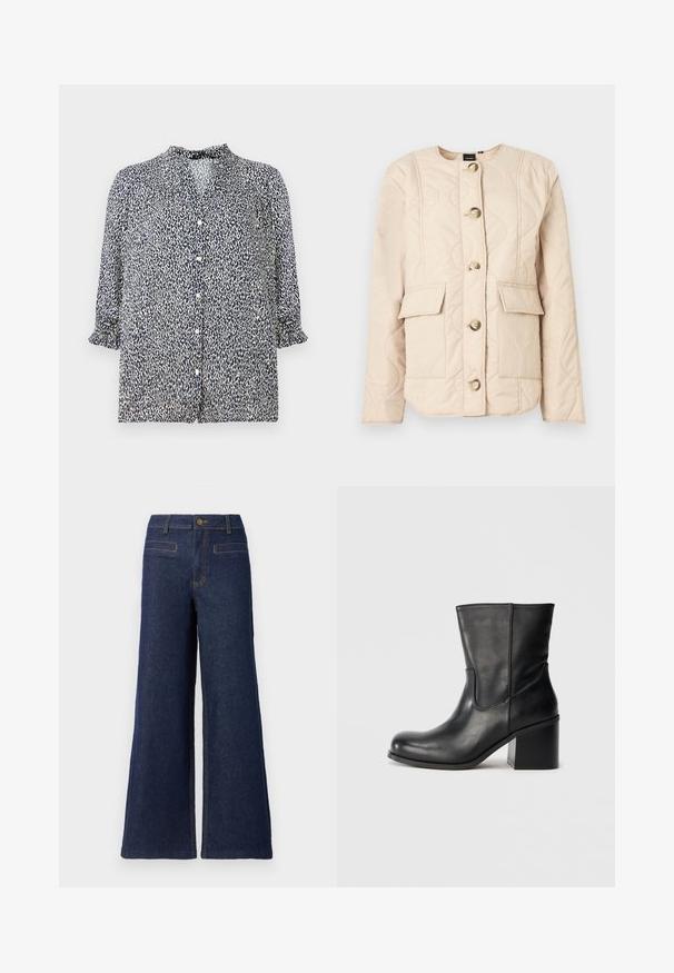 Beige quiltet jakke med rund halsudskæring, lange ærmer, fem store knapper og to forlommer med klaplukning.; Marineblå bluse med leopardprint mønster, knaplukning og 3/4 ærmer med flæser. Lavet af letvægtsstof.; Bredde denimbukser i mørkeblå med høj talje, knaplukning foroven og kontrasterende orange syninger. To baglommer synlige.; Sort læderankelstøvle med rundet tå, sidesømme og en chunky blokhælk. Glat tekstur og minimalistisk design.