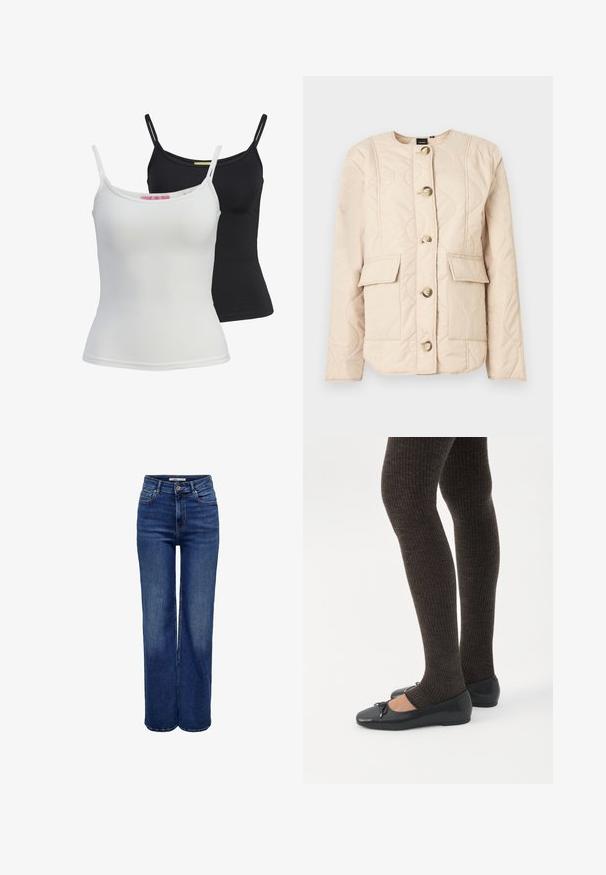 Chaqueta acolchada beige con cuello redondo, mangas largas, cinco botones grandes y dos bolsillos frontales con solapas.; Dos camisetas sin mangas básicas en negro y blanco, hechas de una tela suave y elástica. Presentan tirantes finos y un diseño simple y ajustado.; Vaqueros de talle alto y pierna ancha en denim azul oscuro, con cierre de botones, cinco bolsillos y detalles de costuras en contraste.; Piernas con leggings oscuros acanalados combinados con bailarinas negras que presentan pequeños detalles de lazo sobre un fondo blanco.
