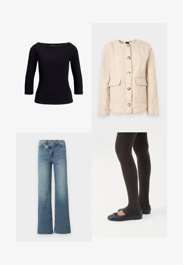 Chaqueta acolchada beige con cuello redondo, mangas largas, cinco botones grandes y dos bolsillos frontales con solapas.; Top negro acanalado con escote barco y mangas tres cuartos, hecho de una tela elástica, que presenta un diseño ajustado y una textura suave.; Vaqueros de mezclilla azul claro de pierna ancha con cintura alta, decoloración ligera y cierre de botón en la parte delantera. Cuenta con cinco bolsillos y costuras mínimas.; Piernas con leggings oscuros acanalados combinados con bailarinas negras que presentan pequeños detalles de lazo sobre un fondo blanco.
