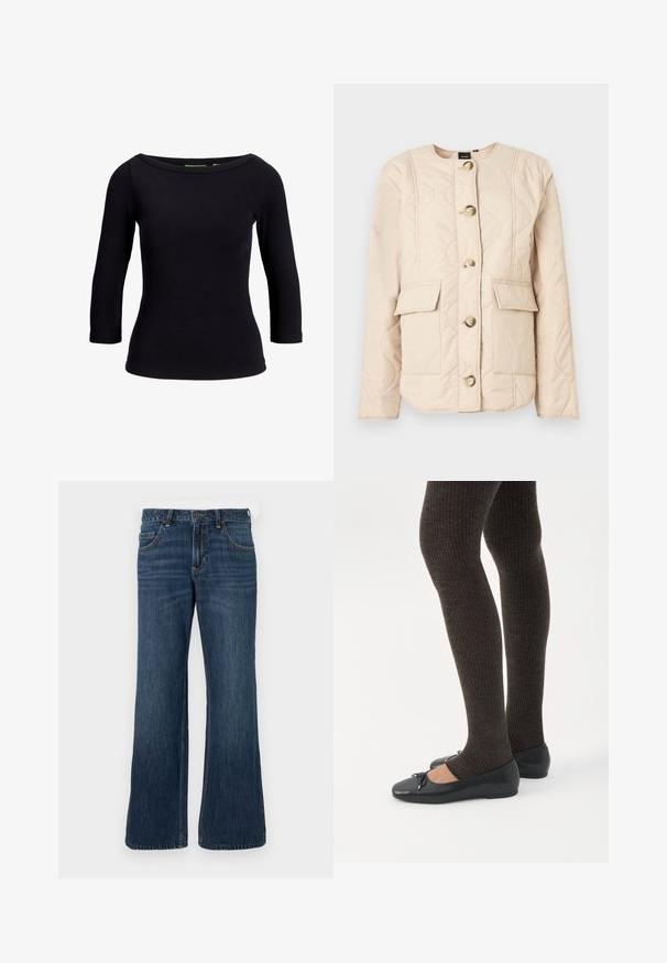 Beige quiltet jakke med rund halsudskæring, lange ærmer, fem store knapper og to forlommer med klaplukning.; Sort ribbet top med bådudskæring og trekvartærmer, lavet af strækbart materiale, med en tætsiddende pasform og glat tekstur.; Mørkeblå jeans med vide ben og klassisk design med fem lommer, der har knaplukning og diskret falming. Fremstillet af denimstof.; Ben iført mørke ribbede leggings kombineret med sorte balletsko med små sløjfedetaljer på hvid baggrund.