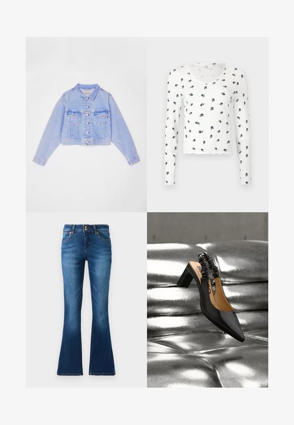Lys blå cropped denimjakke med knaplukning, to brystlommer og kontraststing, med klassisk krave og lange ærmer.; Langærmet hvid bluse med ribbet tekstur, med en bølget kant og et blomsterprint i marineblå og grøn.; Blå denim flared jeans med forlommer, bæltestropper og dobbelt knaplukning vist på en ensfarvet baggrund.; Sort slingback-hæl med spids snude, med en rynket sort overdel og en mellemstor blokhæl. Glat tekstur mod en skinnende metallisk baggrund.