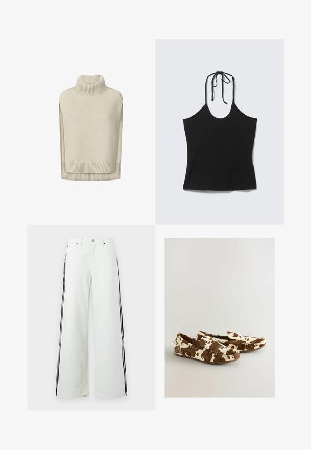 Pull sans manches à col roulé en tricot beige avec col, ourlet et fentes latérales côtelés, conçu pour être superposé.; Top noir sans manches à col licou avec fines bretelles nouées derrière le cou, ajusté au niveau du torse, présenté sur un fond clair uni.; Jeans à jambes larges en denim vert clair avec des bandes latérales noires. Conception à cinq poches avec une quincaillerie métallique et une fermeture à bouton à la taille.; Mocassins en imprimé vache faits d'un matériau doux avec un motif marron et blanc, dotés d'un design à enfiler et d'une semelle plate en caoutchouc.