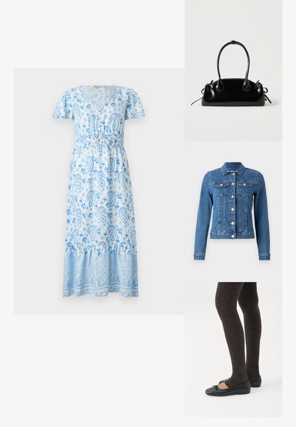Jeansjack in lichtblauwe kleur met knopen aan de voorkant, twee borstzakken en lange mouwen met aansluitende manchetten. Versleten textuur op bepaalde plekken.; Blauwe maxi-jurk met paisleyprint, korte puffmouwen, V-hals, elastische tailleband en een gerimpelde zoom. De stof heeft bloemenmotieven.; Benen met donkere geribbelde leggings gecombineerd met zwarte ballerina's met kleine strikdetails op een witte achtergrond.; Kleine zwarte glanzende handtas met twee lange hengsels en zijkant trekkoord details op een effen lichte achtergrond.