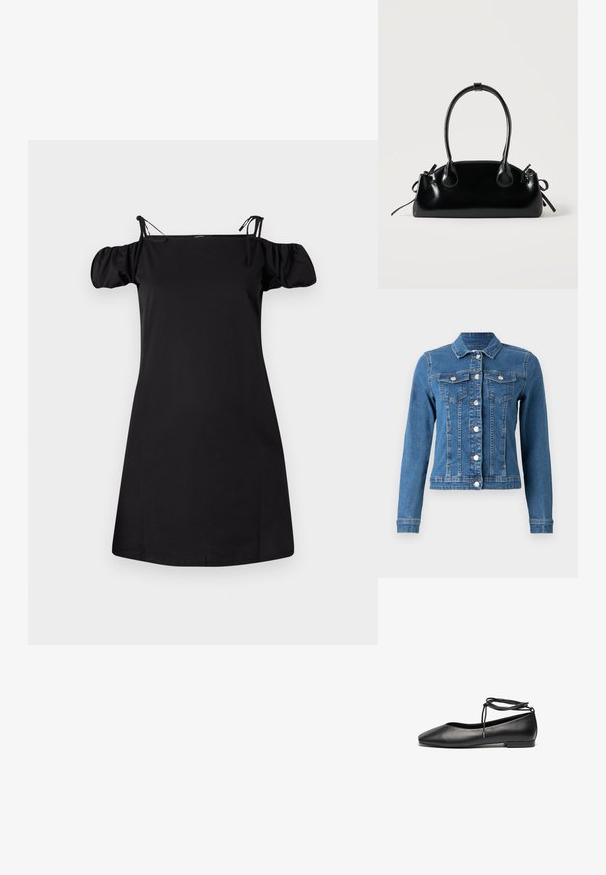 Jeansjacke in hellblauer Farbe, mit Knopfleiste, zwei Brusttaschen und langen Ärmeln mit anliegenden Bündchen. An einigen Stellen mit gewollt abgenutzter Optik.; Schwarzes schulterfreies Kleid mit Puffärmeln, aus einem glatten Stoff gefertigt. Verfügt über verstellbare Träger und einen entspannten Schnitt mit geradem Saum.; Schwarze Leder-Ballerinas mit spitzem Zehenbereich, flachem Absatz und einer gewickelten Schnürung am Knöchel. Glatte Oberfläche, minimalistisches Design.; Kleine schwarze glänzende Handtasche mit zwei langen Griffen und seitlichen Kordelzug-Details vor einfachem hellem Hintergrund.
