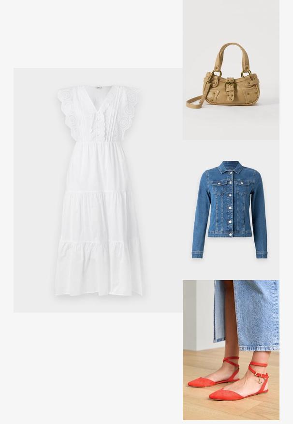 Veste en denim de couleur bleu clair, avec fermeture à boutons, deux poches sur la poitrine et manches longues avec poignets ajustés. Texture usée par endroits.; Robe maxi en coton blanc avec des manches en dentelle à bords festonnés, un décolleté en V, des détails en boutons et un design de jupe à plusieurs niveaux. Texture lisse sur l'ensemble.; Ballerines en daim rouge à bout pointu et bandes de cheville, ornées d'une boucle en or et d'un charm en forme de croissant de lune, sur un sol en bois.; Sac à main en cuir beige avec double poignées, boucle en laiton et détails rivetés, ainsi qu'une bandoulière réglable sur fond blanc.