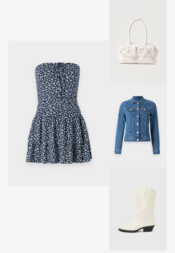 Denim takki, joka on vaaleansininen, napit edessä, kaksi rintataskua ja pitkät hihat, joissa on tiukat hihansuut. Kulunut pinta tietyillä alueilla.; Navy sininen kukallinen olkaimeton mekko valkoisilla kukilla. Ominaisuuksiin kuuluu rypytetty yläosa ja kerroksellinen halkkimekko. Valmistettu kevyestä kankaasta.; Valkoinen länsityylinen saapas, joka ulottuu keskisääreen, kärjessä on terävä kärki, musta pinoitu korko, koristeompeleet ja vetokahva varressa.; Valkoinen keinonahkainen käsilaukku, jossa on kaksi etutaskua, joissa kummassakin on solmittu rusettikoriste. Sileä pinta, pyöreät kahvat ja vetoketjusuljenta.