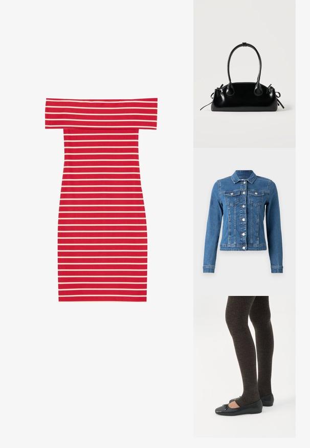 Veste en denim de couleur bleu clair, avec fermeture à boutons, deux poches sur la poitrine et manches longues avec poignets ajustés. Texture usée par endroits.; Robe moulante à rayures rouges et blanches, décolletée sur les épaules, avec une forme ajustée et une texture côtelée. Présente des rayures horizontales sur l'ensemble.; Jambes portant des leggings côtelés foncés associés à des ballerines noires avec de petits détails en nœud sur fond blanc.; Petit sac à main noir brillant avec deux longues anses et des détails à cordon sur les côtés sur un fond clair uni.