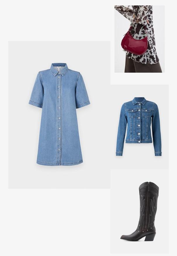 Veste en denim de couleur bleu clair, avec fermeture à boutons, deux poches sur la poitrine et manches longues avec poignets ajustés. Texture usée par endroits.; Robe chemise en denim, bleu clair, manches courtes, col, fermeture à boutons sur le devant, longueur genoux, détails de couture sur les manches, coupe décontractée.; Bottes de cowboy en cuir marron avec surpiqûres en forme de flammes, fermeture éclair latérale, clous argentés, bout pointu et talon superposé.; Femme portant un chemisier à motif noir et blanc tenant un sac à main rouge brillant sur un fond uni.