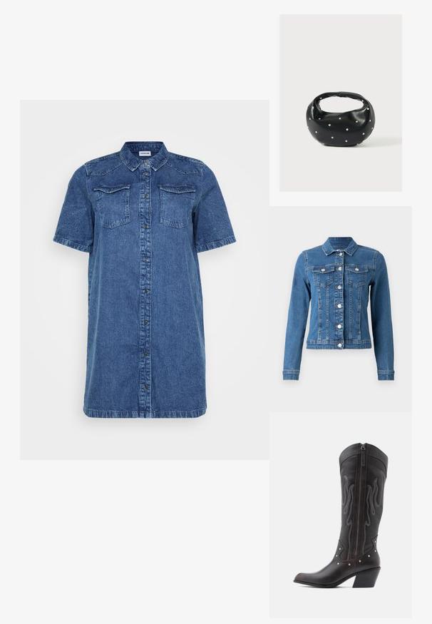 Džínová bunda v svetlomodrej farbe, s predným zapínaním na gombíky, dvoma náprsnými vreckami a dlhými rukávmi so priliehavými manžetami. V niektorých miestach s opotrebovanou textúrou.; Denimová košeľová šaty v tmavomodrej farbe, s krátkymi rukávmi, dvoma náprsnými vreckami, zapínaním na gombíky a rovným strihom.; Hnedé kožené kovbojské čižmy s výšivkou v tvare plameňov, bočným zipsom, striebornými nitmi, špicatou špičkou a vystuženým opätkom.; Čierna kožená kabelka s zaobleným tvarom, zdobená striebornými cvočkami a krátkym rúčkou. Hladká textúra a zapínanie na zips.