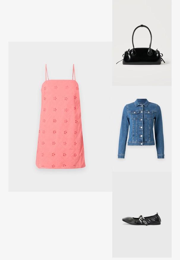 Jeansjack in lichtblauwe kleur met knopen aan de voorkant, twee borstzakken en lange mouwen met aansluitende manchetten. Versleten textuur op bepaalde plekken.; Koraalroze zomerjurk met dunne bandjes, voorzien van geborduurde bloemmotieven en een textured stof. Gemaakt in een losse, A-lijn vorm.; Zwarte leren platte schoen met een spitse neus, geplooide details rond de opening en een zilveren gespaccentueerde verstelbare band.; Kleine zwarte glanzende handtas met twee lange hengsels en zijkant trekkoord details op een effen lichte achtergrond.