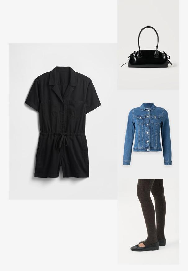 Jeansjack in lichtblauwe kleur met knopen aan de voorkant, twee borstzakken en lange mouwen met aansluitende manchetten. Versleten textuur op bepaalde plekken.; Zwarte jumpsuit met korte mouwen van lichtgewicht stof, voorzien van een kraag, knopen aan de voorkant, twee borstzakken en een verstelbare taille met trekkoord.; Benen met donkere geribbelde leggings gecombineerd met zwarte ballerina's met kleine strikdetails op een witte achtergrond.; Kleine zwarte glanzende handtas met twee lange hengsels en zijkant trekkoord details op een effen lichte achtergrond.