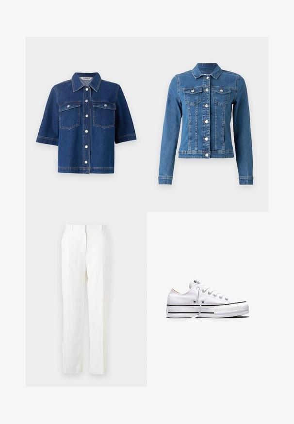 Jeansjacke in hellblauer Farbe, mit Knopfleiste, zwei Brusttaschen und langen Ärmeln mit anliegenden Bündchen. An einigen Stellen mit gewollt abgenutzter Optik.; Dunkelblaue Jeansjacke mit kurzen Ärmeln, zwei Brusttaschen, silbernen Druckknöpfen und einem kragenförmigen Halsauschnitt.; Weiß, gerade geschnittene Hose aus leichtem, leicht strukturiertem Stoff. Verfügt über Fronttaschen und einen einzelnen Bundfalten für zusätzlichen Detail.; Weißer Canvas-Sneaker in niedriger Ausführung mit weißen Schnürsenkeln, schwarzen Streifen an der Sohle und gummiertem, strukturiertem Zehenschutz, Seitenansicht vor weißem Hintergrund.