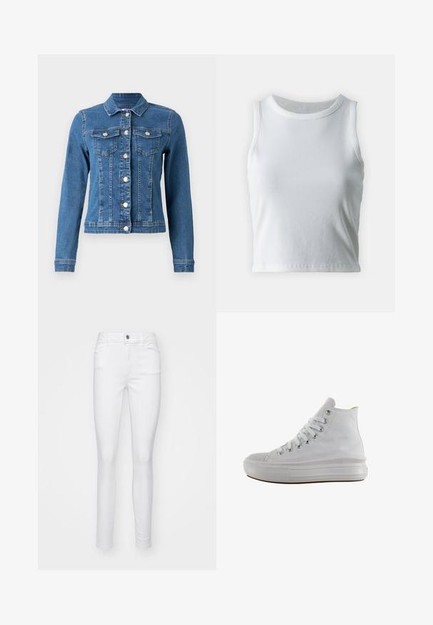 Jeansjacke in hellblauer Farbe, mit Knopfleiste, zwei Brusttaschen und langen Ärmeln mit anliegenden Bündchen. An einigen Stellen mit gewollt abgenutzter Optik.; Weißes, geripptes Tanktop mit runder Ausschnittform und ärmellosem Design, ausgestattet mit einem geraden Saum und einer glatten, dehnbaren Textur.; Weiße, schmale Jeans aus Jeansstoff, mit einem Vorderknopfverschluss, fünf Taschen und einer glatten Textur des Stoffes.; Weißer High-Top-Canvas-Sneaker mit weißen Schnürsenkeln, metallischen Ösen, dicker Gummisohle und strukturierter Zehenkappe, nach links auf weißem Hintergrund ausgerichtet.