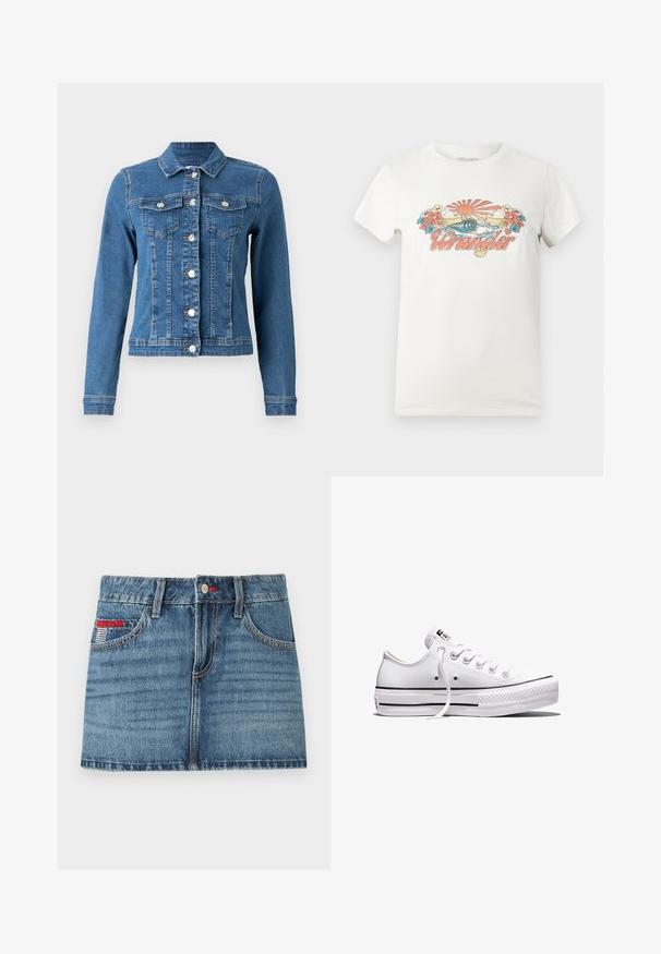 Jeansjack in lichtblauwe kleur met knopen aan de voorkant, twee borstzakken en lange mouwen met aansluitende manchetten. Versleten textuur op bepaalde plekken.; Witte katoenen t-shirt met een kleurrafisch ontwerp van een opkomende zon, golven en bloemen, met opvallend het "Wrangler"-logo in het roze.; Denim minirok in middelblauw met een vervaagde structuur, vijf zakken en rode stikselaccenten. Voorzien van een knoopsluiting en riemlussen.; Wit lage canvas sneaker met witte veters, rubberen zool, zwarte streepdetails en logopatch op de tong en hiel.
