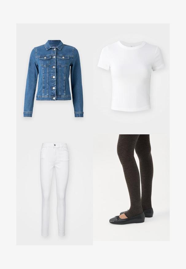Jeansjacke in hellblauer Farbe, mit Knopfleiste, zwei Brusttaschen und langen Ärmeln mit anliegenden Bündchen. An einigen Stellen mit gewollt abgenutzter Optik.; Weißes, kurzärmeliges, cropped T-Shirt mit Rundhalsausschnitt, auf einem neutralen, hellen Hintergrund präsentiert.; Weiße, schmale Jeans aus Jeansstoff, mit einem Vorderknopfverschluss, fünf Taschen und einer glatten Textur des Stoffes.; Beine in dunklen, gerippten Leggings kombiniert mit schwarzen Ballerinas mit kleinen Schleifendetails auf weißem Hintergrund.