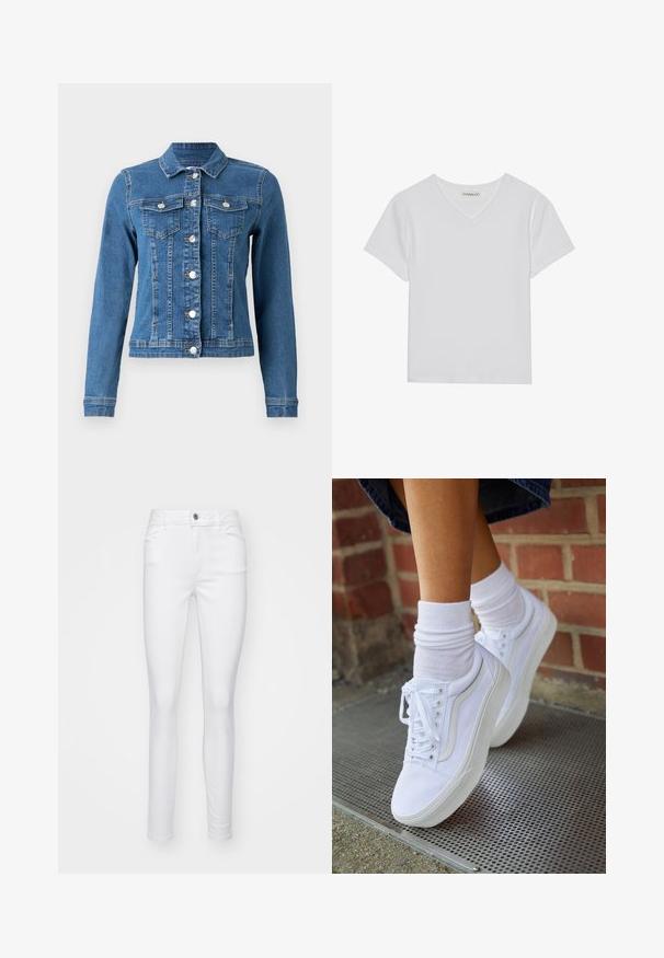 Jeansjacke in hellblauer Farbe, mit Knopfleiste, zwei Brusttaschen und langen Ärmeln mit anliegenden Bündchen. An einigen Stellen mit gewollt abgenutzter Optik.; Weißes kurzärmliges V-Ausschnitt-T-Shirt aus Rippstoff. Es zeichnet sich durch ein sauberes Design mit geradem Saum und minimalen Details aus.; Weiße, schmale Jeans aus Jeansstoff, mit einem Vorderknopfverschluss, fünf Taschen und einer glatten Textur des Stoffes.; Weiße Leinensneaker mit Gummisohlen, ausgestattet mit sechs Ösen, runder Zehenpartie und dezenten Nähten, kombiniert mit weißen Knöchelsocken.