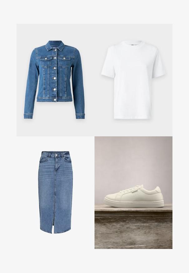 Jeansjack in lichtblauwe kleur met knopen aan de voorkant, twee borstzakken en lange mouwen met aansluitende manchetten. Versleten textuur op bepaalde plekken.; Witte katoenen T-shirt met ronde hals, korte mouwen en een gladde textuur. Ontworpen met een comfortabele en veelzijdige relaxte pasvorm.; Lichtblauwe denim midi rok met een voorflap, vijf zakken, riemlussen en een knoopsluiting in de taille. Klassieke pasvorm en textuur.; Witte leren sneaker met veters die boven een houten bank zweeft, met groen lang gras dat op de achtergrond vervaagd is in de buitenlucht.