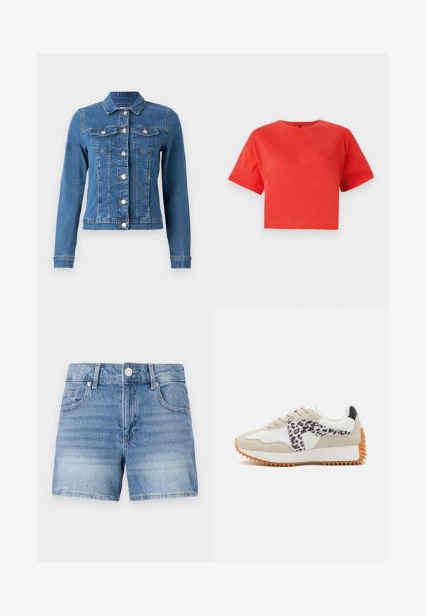 Denimjakke i lys blå farve, knaplukning foran, to brystlommer og lange ærmer med tætsiddende manchetter. Slidt tekstur i visse områder.; Rød cropped t-shirt lavet af bomuld, med rund hals og korte ærmer. Glat struktur uden synlige mønstre eller detaljer.; Lyseblå denimshorts med knaplukning foran, lynlåslukning, bæltestropper og forlommer på en ens hvid baggrund.; Beige og hvid sneaker med et leopardtryk-panel, tekstureret ruskind og gummisål med riller for greb. Snørebånd og polstret krave inkluderet.