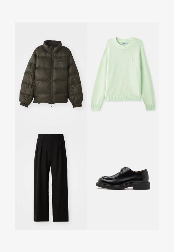 Chaqueta acolchada verde oscuro con cuello alto, cierre de cremallera, puños elásticos y bolsillos laterales. Presenta una textura acolchada y un branding mínimo.; Suéter de punto verde claro con cuello redondo, puños acanalados y dobladillo. Presenta un sutil detalle del logo en el lado izquierdo del pecho.; Pantalones de pierna ancha negros con una textura suave, que cuentan con dos pliegues frontales, cierre de botón y bolsillos laterales. Tejido duradero.; Zapato de cuero negro con punta redondeada, detalles de costura, cordones mínimos y suela de goma gruesa para tracción y durabilidad.