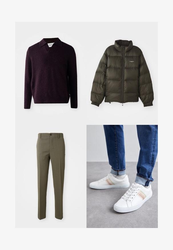 Chaqueta acolchada verde oscuro con cuello alto, cierre de cremallera, puños elásticos y bolsillos laterales. Presenta una textura acolchada y un branding mínimo.; Suéter de punto en púrpura oscuro con escote en V, mangas largas y un acabado texturizado. Presenta un cuello clásico y una etiqueta lateral.; Pantalones ajustados color verde oliva con una textura suave, diseño de pierna recta, un botón frontal y bolsillos laterales para mayor funcionalidad.; Zapatillas de cuero blancas con rayas multicolores, diseño de cordones, suela de goma y cuello acolchado, combinadas con jeans de mezclilla azul.