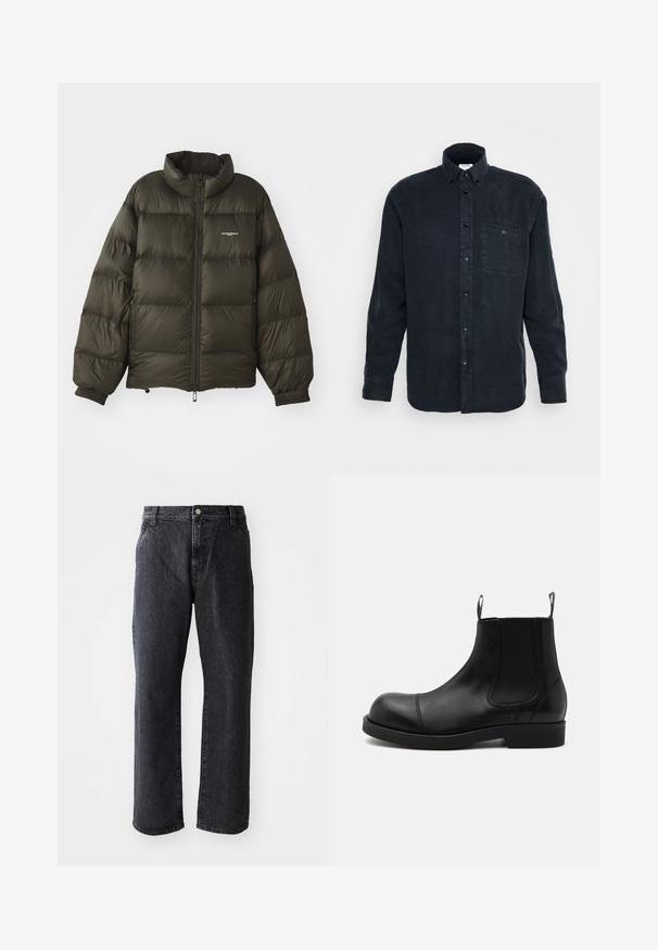 Donkergroene pufferjack met een hoge kraag, ritssluiting, elastische manchetten en zijzakken. Beschikt over een gestikte textuur en minimale branding.; Donkerblauwe overhemd met lange mouwen, gemaakt van zachte katoen, met een enkele borstzak en een klassiek kraagontwerp.; Zwarte denim jeans met een rechte pijp, voorzien van een knoopsluiting, vijf zakken en een subtiele textuur. Klassiek ontwerp zonder opvallende patronen.; Zwarte leren Chelsea-boot met afgeronde neus, elastische zijpanelen, aantreklussen voor en achter, platte zool, van opzij getoond op witte achtergrond.