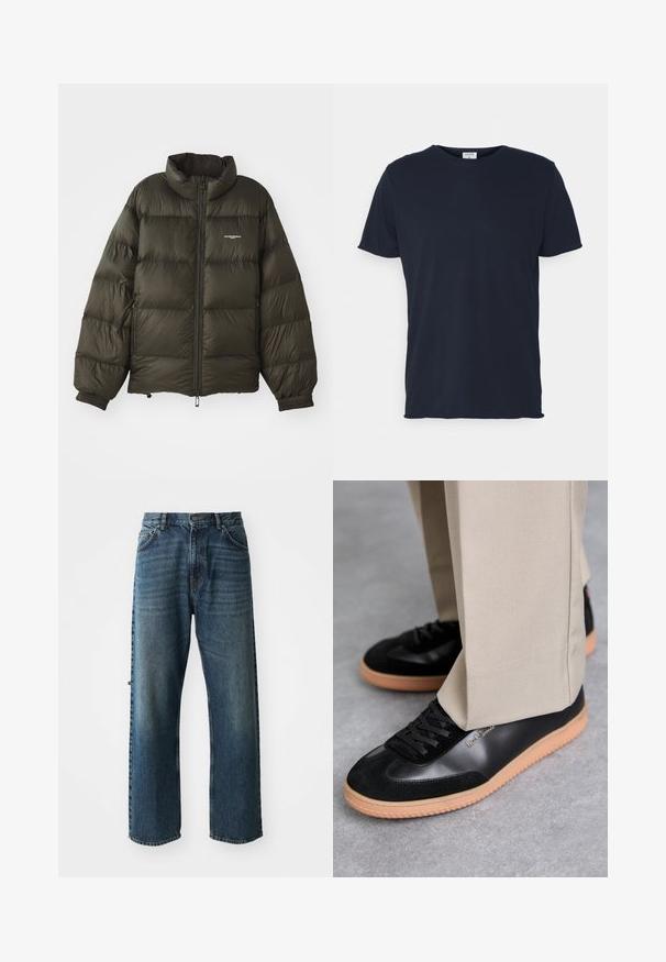 Manteau rembourré vert foncé avec un col haut, fermeture éclair, poignets élastiques et poches latérales. Présente une texture matelassée et un branding minimal.; T-shirt en coton bleu marine avec un col rond et des manches courtes, présentant une texture lisse et un design simple, sans motifs ni accents visibles.; NN.07 OTIS - Jean droit - stonewashed; Paul Smith COMO - Baskets basses - black