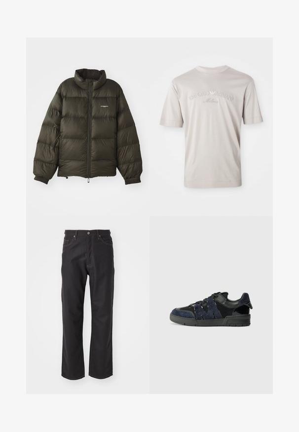 Dunkelgrüne Pufferjacke mit hohem Kragen, Reißverschluss, elastischen Bündchen und Seitentaschen. Verfügt über eine gesteppten Textur und minimalistische Markenkennzeichnung.; Helles beige T-Shirt mit kurzen Ärmeln aus weichem Stoff, mit besticktem Logo "Emporio Armani Milano" in einem etwas dunkleren Farbton.; Schwarze Jeans aus Denim mit geradem Schnitt, mit kontrastierenden orangen Nähten, Fünf-Taschen-Design und klassischem Knopfverschluss.; Schwarze und marineblaue Sneakers aus Wildleder und Mesh-Materialien, mit einer dicken Sohle und einem markanten Ausschnitt in Form eines "M"-Details an der Seite.