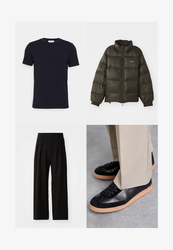 Mørkegrøn pufferjakke med høj krave, lynlås foran, elastiske manchetter og sidelommer. Har en quiltet struktur og minimal branding.; Sort kortærmet t-shirt med rund hals og et lille hvidt mærke indeni halsudskæringen.; Sorte bukser med vid ben, der har en glat overflade, to frontplisseringer, knaplukning og sidelommer. Holdbart stof.; Paul Smith COMO - Sneakers - black