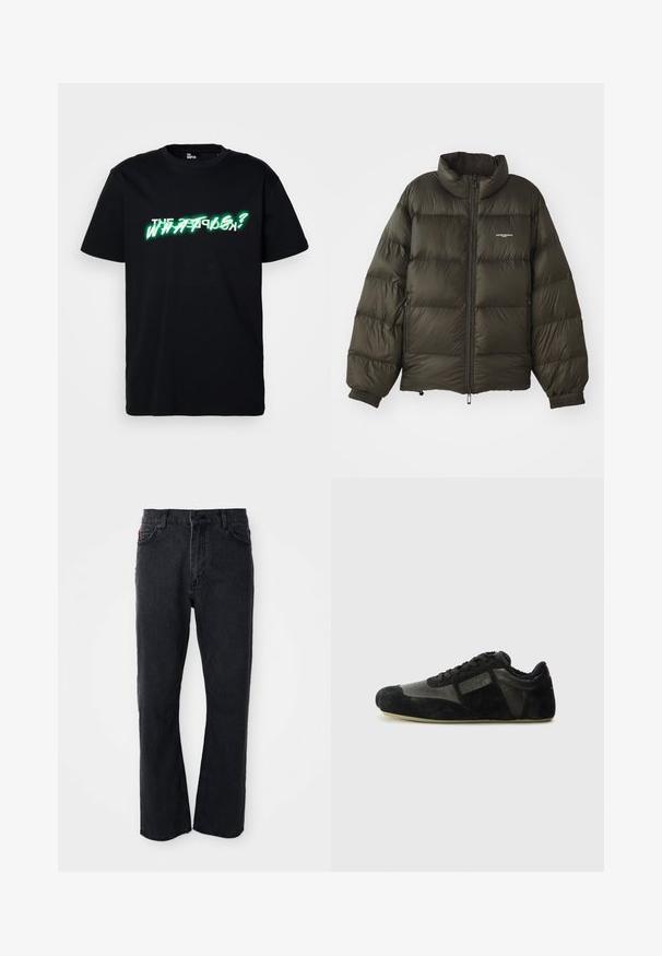 Donkergroene pufferjack met een hoge kraag, ritssluiting, elastische manchetten en zijzakken. Beschikt over een gestikte textuur en minimale branding.; Zwarte katoenen t-shirt met opvallende groene en witte grafische tekst "WHAT IS?" aan de voorkant. Ronde hals en korte mouwen.; Zwarte denim jeans met een rechte pijp, hoge taille, knoopsluiting en subtiele stiksels langs de zakken en naden.; Zwarte sneakers gemaakt van suede en leer. Voorzien van een laag profiel, afgeronde neus, vetersluiting en textuurelementen. De zolen hebben een grip textuur.