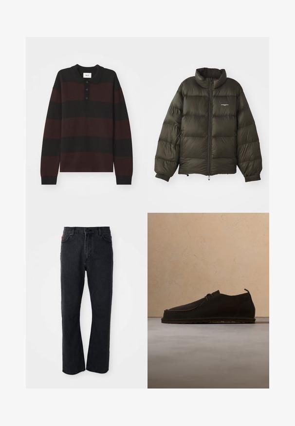 Mørkegrøn pufferjakke med høj krave, lynlås foran, elastiske manchetter og sidelommer. Har en quiltet struktur og minimal branding.; NN.07 RUGBY - Langærmet T-shirt - black; Sorte denim jeans med lige ben-design, høj talje, knaplukning og subtile syninger langs lommerne og sømmene.; Mørkebrun casual lædersko med snørebånd, placeret oprejst på tæppe foran beige sofa.