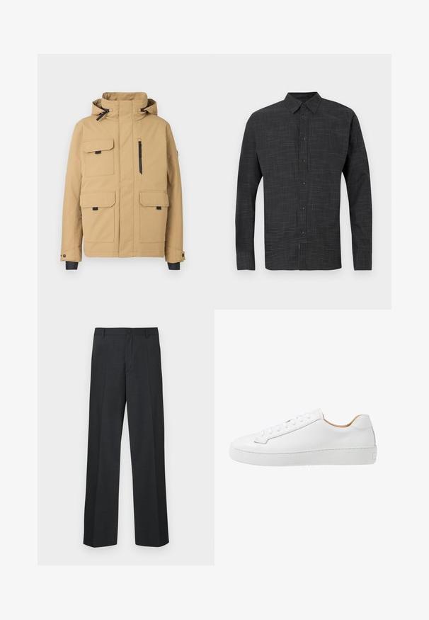 Beige winterjas met capuchon, hoge kraag, drie klepzakken aan de voorkant, één verticale ritszak en verstelbare manchetten met drukknopen.; Zwart overhemd met knopen, voorzien van een geruit patroon, lange mouwen en een klassieke kraag, gemaakt van een lichtgewicht stof.; Donkere grijze broek met een rechte pijp, gemaakt van een gestructureerde stof, met een enkele knoopsluiting en zijzakken.; Witte leren sneaker met een gladde afwerking, ronde neus, platte vetersluiting en een dikke rubberen zool met een gestructureerd grippatroon.