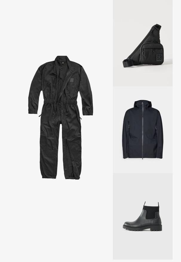 Schwarze Kapuzenjacke aus glattem, wasserabweisendem Material. Verfügt über einen durchgehenden Reißverschluss, zwei seitliche Taschen und verstellbare Manschetten.; Brandit BRANDIT HERREN EINSATZKOMBI - Jumpsuit - black; Schwarze Knöchelstiefel aus Gummi mit matter Oberfläche, die ein schlankes Design, elastische Einsätze und eine robuste Sohle für bessere Bodenhaftung bieten.; Schwarze Calvin Klein Umhängetasche mit verstellbarem Riemen, vorderer Reißverschlusstasche und dezentem Logo-Muster auf schlichtem Hintergrund.