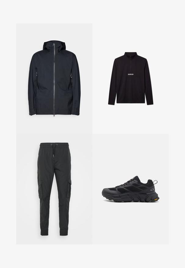 Čierna kapucňová bunda vyrobená z hladkej, vodoodolnej tkaniny. Obsahuje plný zips vpredu, dve bočné vrecká a nastaviteľné manžety.; Čierny pulóver Calvin Klein s dlhým rukávom, štvrťovým zipsom a bielym logom vytlačeným na hrudi.; Čierne cargo nohavice vyrobené z ľahkej tkaniny, s nastaviteľným pásom na šnúrku, elastickými manžetami a dvoma bočnými vreckami.; Čierne atletické topánky s mohutnou podrážkou, vrchnou časťou z textilu a syntetiky, textúrovanými akcentmi a značkou Vibram na podrážke.