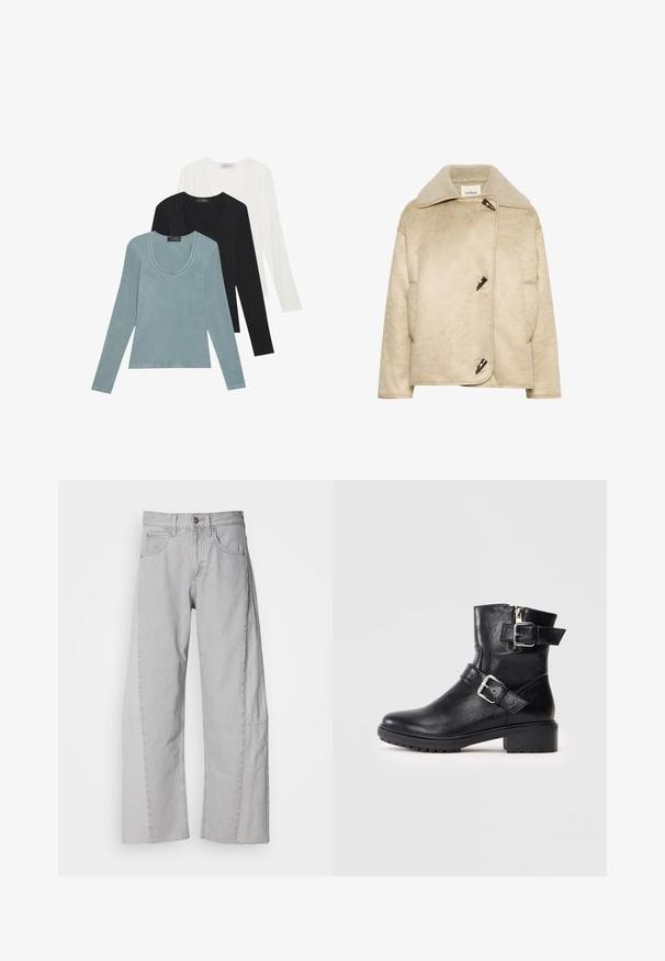 Soaked in Luxury SLEVANNAH - Imiteret læderjakke - ancient scroll; Tre langærmede toppe i lys blå, sort og hvid. Designet har en rund udskæring og en blød, let stoftekstur.; Lys grå vidde jeans lavet af denim. Har en tætsiddende talje, fem lommer og en ren kant med lette teksturændringer på siderne.; Sort læder ankelstøvle med sidelukning, spænde-detaljer, robust sål og blokhæl. Har en glat tekstur og et enkelt design.