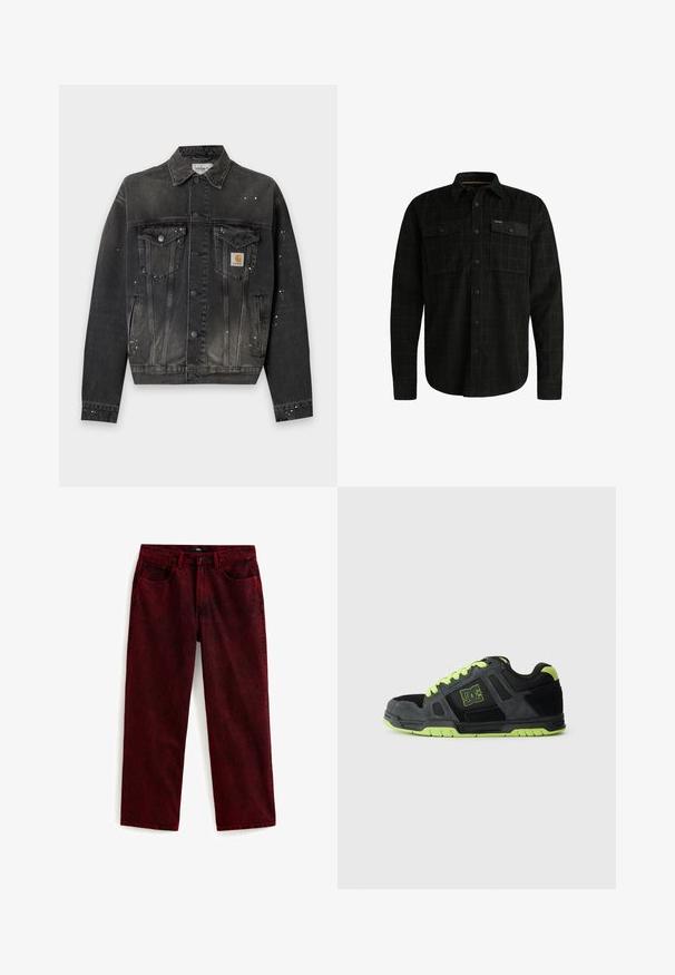 Sort denimjakke med knapper foran, to brystlommer med klap, sidelommer, hvide malerpletter og et lille Carhartt-logo på brystet.; Sort langærmet skjorte med knapper, diskret ternet mønster, to brystlommer med knapper og klassisk krave.; Røde denim jeans med en løs pasform, slidte tekstur, fem-lomme design og knaplukning, med let indsnævrede ben.; Sort og grå atletisk sko med grønne detaljer. Har materialer af ruskind og mesh, rund tå, gummisål og fremtrædende logo.
